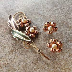 Vintage Rose Gold (GF) Floral Brooch and Earrings